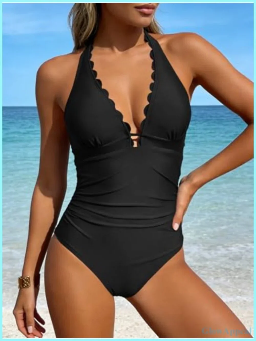 Scalloped V Neck Halter One Piece Swimsuit Tummy Control Push Up